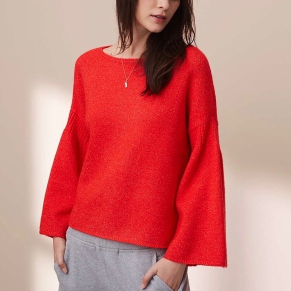 Lou & Grey Women's Bell Sleeve Sweater Large Red Side Slit Cozy Knit Pullover